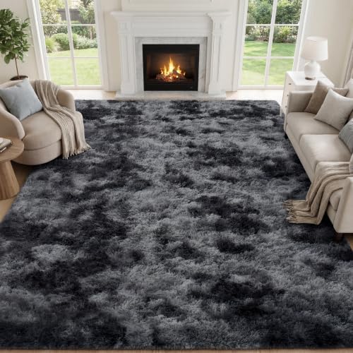 PLHXFR 10x14 Area Rugs Living Room: Fluffy Bedroom Soft Shag Rug Black Grey