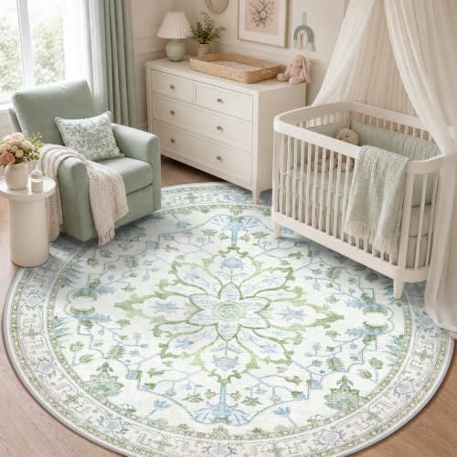 RELEANY Washable Area Rug, Round 5ft, Green/White/Blue