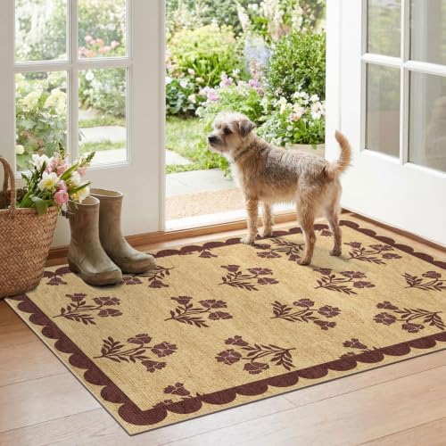 Floral Entry Rug - 28" x 43" Front Door Mat Indoor Outside Entrance Non-Slip Washable Outdoor Mat Jute-Look Burgundy Scalloped Rug for Entryway Kitchen Mudroom Layered Doormat for Front Porch