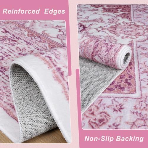 Macgace Washable Vintage Area Rug for Hallway, 2x8 Pink Runner Rugs