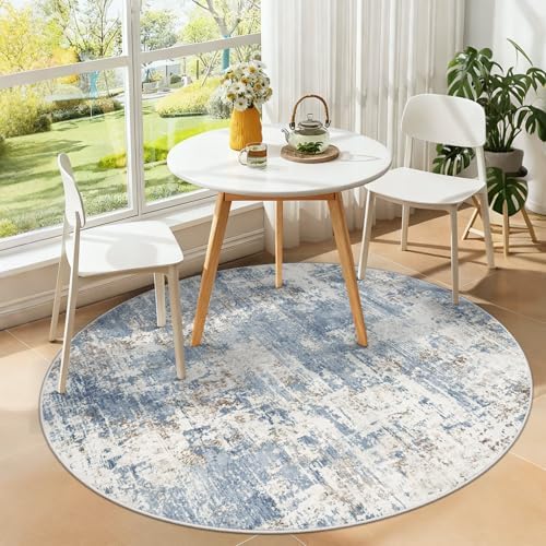XLUEZ Round Rug 4ft for Bedroom, Washable Modern Abstract Circle Rug Neutral Soft Non Slip Kids Rug Stain Resistant Indoor Carpet for Living Room Nursery Playroom Dorm Girls Boys Room(Blue, 4' Round)