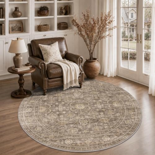 JOOJA 4x4 Tan Vintage Soft Low Pile Washable Boho Small Round Kitchen Rug