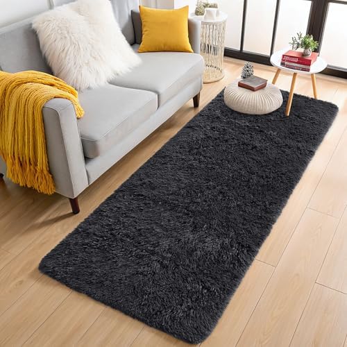 OLANLY 2x8 Machine Washable Runner Rugs for Hallway, Soft Fluffy Shaggy Bedside Rugs for Bedroom, Living Room, Indoor Floor Carpet for Kids Girls and Boys, Nursery Rooms, Home Decor Aesthetic, Black