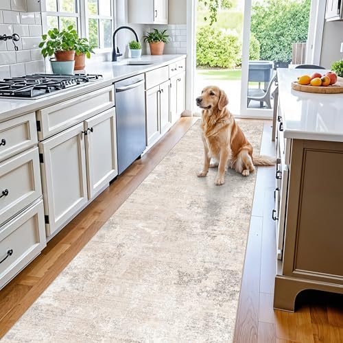 3x15 Ft Long Hallway Runner Rug – Non-Slip Washable Kitchen Floor Rug with Rubber Backing, Modern Low Pile Thin Wide Carpet Runners for Bedroom, Entryway Indoor (Beige Grey,3x15)