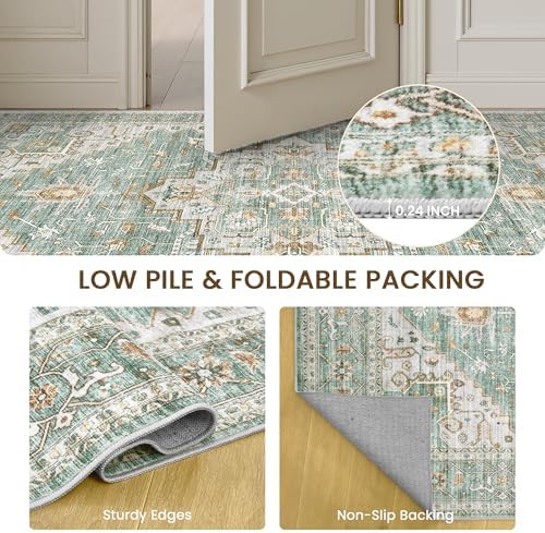 Washable Hallway Runner Rugs 2.5 x 8, Soft Kitchen Rug, Green Vintage Mat