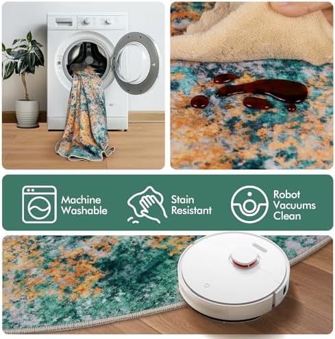 6ft Round Area Rug for Living Room- 6x6 Washable Neutral Abstract Rug for Bedroom Modern Soft Dining Room Rug No Slip Low Pile Carpet for Nursery Home Office Decor - Teal/Orange