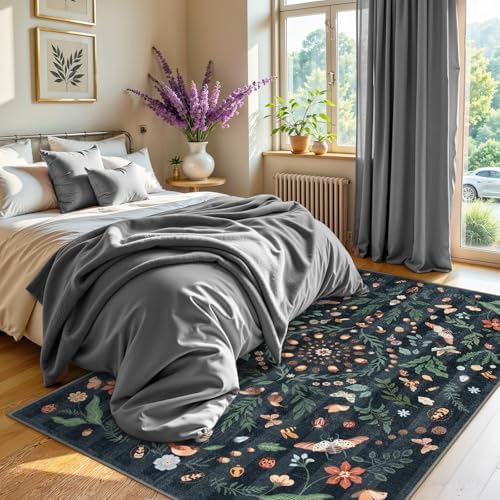 Lahome Washable Insect Botanical 5x7 Area Rugs for Nursery - Machine Washable Non-Slip Black Bedroom Rug, Boho Low Profile Soft Faux Wool Carpet for Living Room Laundry Playroom Dining Room
