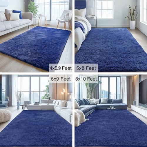 OLANLY 4x4 Machine Washable Accent Rug, Soft Fluffy Shaggy Area Rug for Bedroom, Living Room, Indoor Floor Carpet for Kids, Nursery, Home Decor, Navy Blue