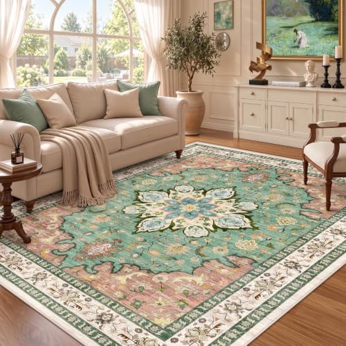 5x7 Area Rugs for Living Room: Washable Vintage Floral Rug Low Pile Non-Slip Boho Carpet for Nursery Bedroom Dining Room (RedGreen, 5'x7')