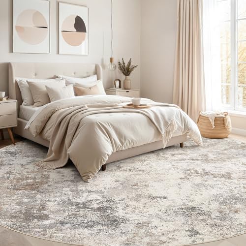 UERMEI 10ft Round Area Rug Living Room Rugs - 10x10 Washable Large Neutral Modern Abstract Soft Thin Rug Indoor Floor No Slip Rug Carpet for Bedroom Under Dining Table Home Office Decor - Brown Grey