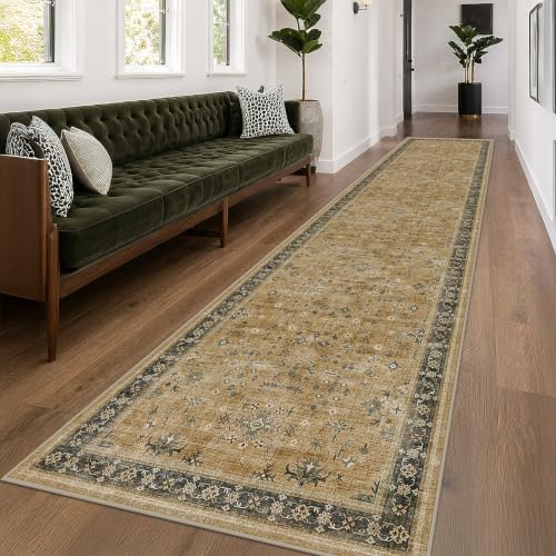 Hazo Haus Washable Earthy Tone 3x20 Extra Long Hallway Runner Rug, Boho Kitchen Floor Rug Indoor, Non-Slip Stain & Fade Resistant, Vintage Rustic Brown and Charcoal Olive Floral Décor
