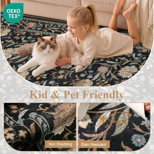 DUKINO 2x10 Runner Rug for Hallway, Washable Vintage Floral Rug, Black
