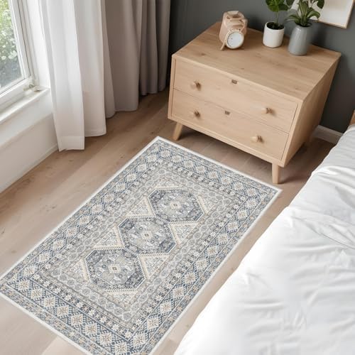 2x3 Area Rug Washable Vintage: Non Slip Throw Rugs for Entryway Floor Blue