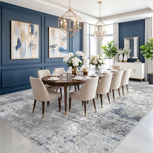 12x14 Living Room Area Rug – Washable Non-Slip Soft Large Room Rugs for Bedroom Dining Room, Modern Neutral Abstract Low Pile Thin Indoor Carpet（Blue Grey, 12x14）