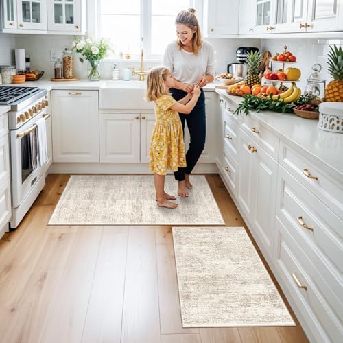 Kitchen Rugs Sets of 2, Washable Non-Slip Kitchen Mats for Floor, Stain Resistant Kitchen Runner Rugs for Kitchen Sink Laundry Entryway (Cream Beige, 2x3+2x4)