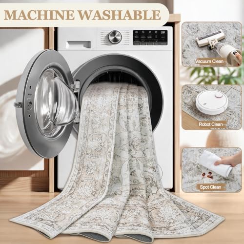 8x10 Washable Area Rugs for Living Room Beige White Non-Slip Rug