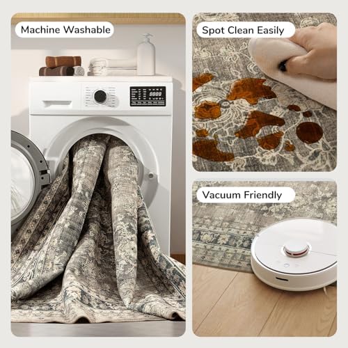 Lessymo Runner Rugs 2x6 ft, Vintage Brown Machine Washable Rug for Hallway Kitchen Bedroom, Non Slip Low Pile Soft Long Area Rug, Distressed Boho Floral Accent Carpet