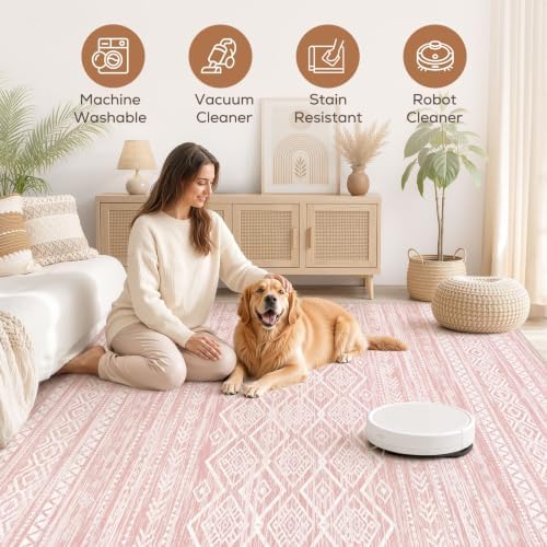 Nakagishi Boho 9x12 Area Rug Living Room Rugs Machine Washable Pink