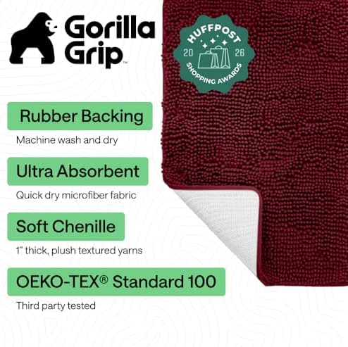 GORILLA GRIP Bath Rug Mat for Bathroom, Absorbent Chenille, 48x24 Burgundy