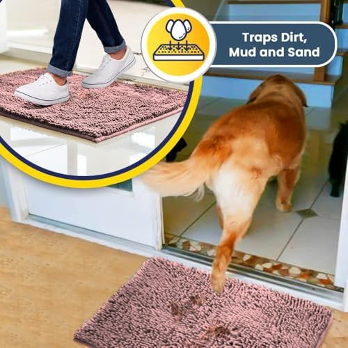 Muddy Mat® | Super Water Absorbent Door Mat Indoor, Microfiber Quick Dry Chenille Entryway Rug, Slip Resistant Front Door Mat, Indoor Mats for Entryway, Machine Washable Pet Rug, Pink 32" x 44"