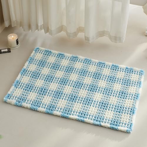 TYUU Waffle Bath Mat, Cute Bathroom Rugs Non Slip, 30x20 Blue & White