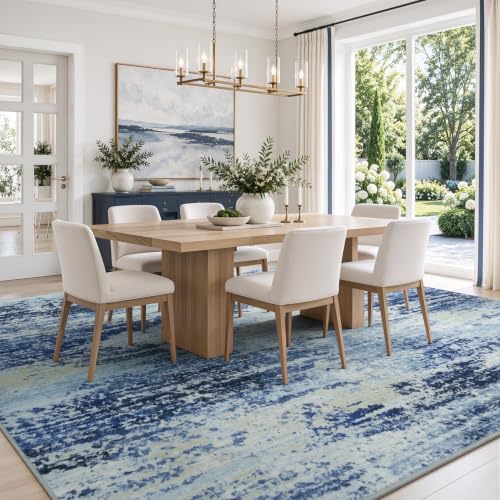 9x12 Area Rug for Living Room, Abstract Washable Non-Slip Rugs,Mist Blue