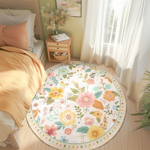RELEANY Floral Washable Round 4ft Area Rug Beige/White/Orange