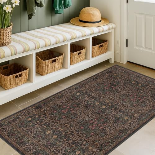 Boho Dark Brown 3x5 Large Entryway Rug - Moody Neutral Washable Low Pile Area Rugs Non-Slip for Mudroom, Door Mat Indoor Entrance, Kitchen, Laundry, Taupe Golden Accent Floral Floor Decor