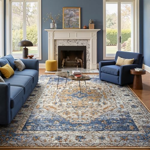 Amearea Vintage Design Area Rugs for Living Room Bedroom 4x6, Blue/Orange