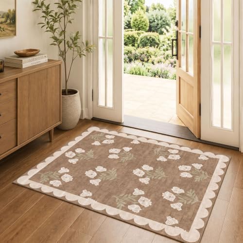 3x4 Floral Entry Rug - Small Washable Indoor Outdoor Mats for Front Door Non-Slip Porch Rug Tan Boho Neutral Farmhouse Throw Rugs for Living Room Bedroom Entryway Kitchen Office Porch Decor