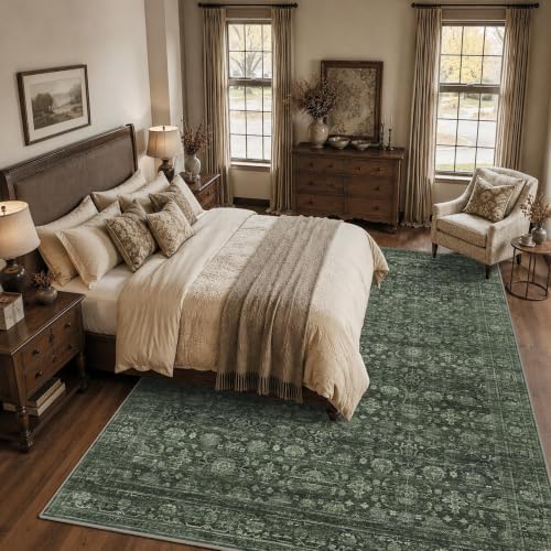 JOOJA 8x10 Dark Green Vintage Soft Low Pile Non Slip Boho Washable Area Rug