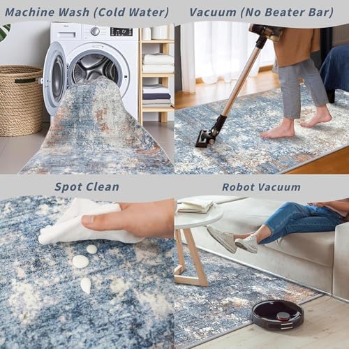 3x15 Ft Long Hallway Runner Rug – Non-Slip Washable Kitchen Floor Rug with Rubber Backing, Modern Low Pile Thin Wide Carpet Runners for Bedroom, Entryway Indoor (Blue Rust,3x15)