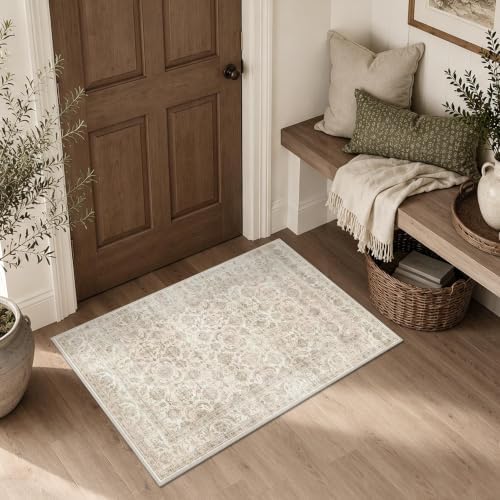 JOOJA 2x3 Beige Vintage Low Pile Non Slip Washable Boho Entryway Throw Rug