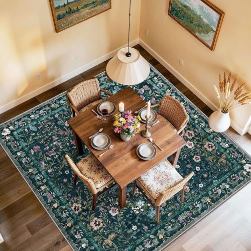 6x6 Washable Area Rug Living Room: Floral Non-Slip Washable Mat for Indoor Floor Dining Room Bedroom High Traffic Area - Soft Low Pile Carpet for Vintage Boho Home Decor (6ft Square, Green)