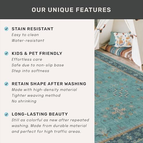 Boho Teal 6x9 Area Rugs for Living Room, Geometric Floral Design Rug for Bedroom, Dining Room - Vintage Turquoise Décor Indoor, Low Pile & Soft Stain Resistant Carpet