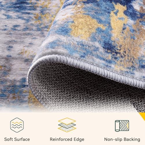 RELEANY Washable Runner 2'6"x14' Abstract Area Rug for Hallway Blue Gold
