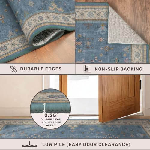 Boho 6x8 Living Room Rugs - Modern Blue Dining Room Rug for Under Table, Lightweight Washable Foldable Low Pile Soft Carpet, Eclectic Floral Bedroom Décor Aesthetic