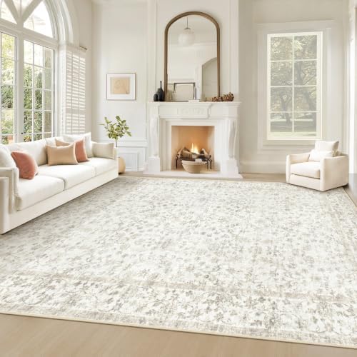 Living Room Rugs 8x10: Washable Moroccan Geometric Boho Rug Farmhouse Non Slip Stain Resistant Large Rug Low Pile Soft Carpet for Bedroom Dining Room Children Room (Beige Floral,8'x10')