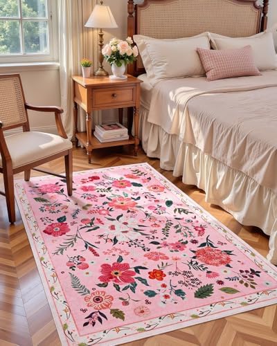 Macgace Floral Area Rug for Bedroom, Machine Washable 3x5 Pink Throw Rugs