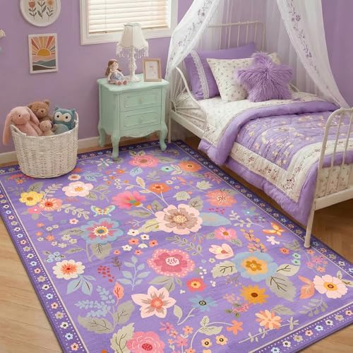 RELEANY Floral Washable 5x8 Area Rugs Purple/Pink