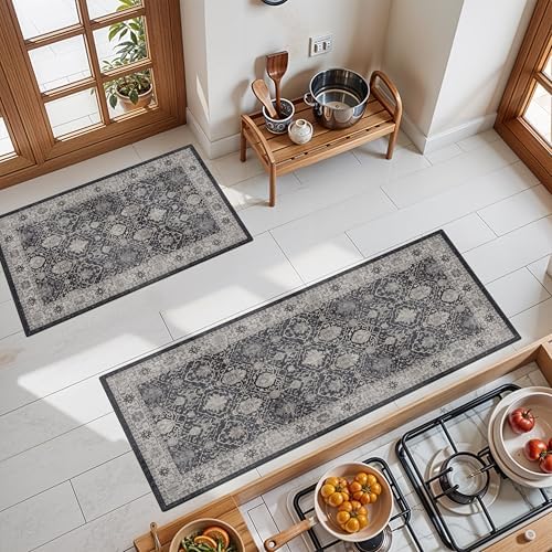 Kitchen Sink Rugs Set 0f 2: Washable Non-Slip Hardwood Floor Mat for Stove Dishwasher Fronts Soft Stain Resistant Carpet for Cooking Area & Fridge Boho Home Decor for High Traffic Area(2x3+2x4,Black)