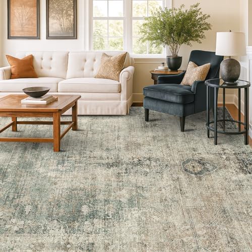 Hazo Haus Washable Moss Green 10x14 Area Rug for Living Room, Large Vintage Farmhouse Rug for Bedroom & Dining Room Under Table, Non-Slip Soft Low-Pile Stain Resistant, Distressed Design