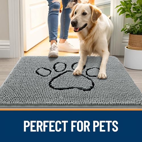 OLANLY Dog Door Mat for Muddy Paws 70x24, Paw Print Design Chenille Mud Mat