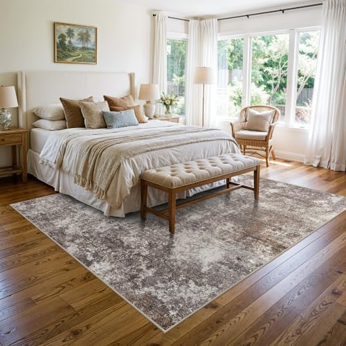 7x7 Area Rug Square Washable – Non-Slip Soft Indoor Carpet for Dining Room Living Room Kitchen Bedroom – Modern Abstract Neutral Low-Pile Accent Rug (Brown Beige, 7x7)