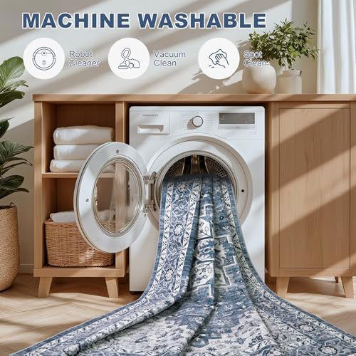 6x6 Area Rugs Living Room: Washable Vintage Rug for Bedroom Blue