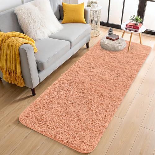 OLANLY 2x5 Machine Washable Runner Rugs for Hallway, Soft Fluffy Shaggy Bedside Rugs for Bedroom, Living Room, Indoor Floor Carpet for Kids Girls and Boys, Home Decor Aesthetic, Muted Orange