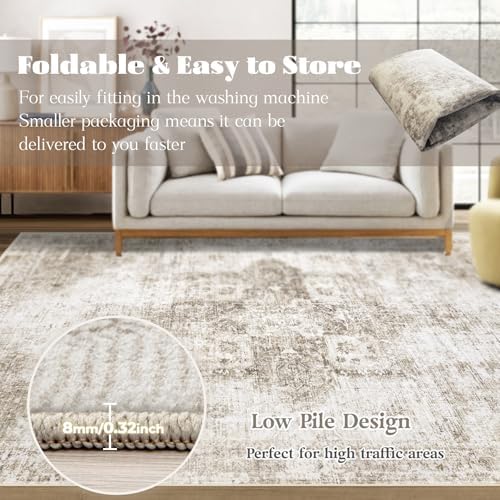 Area Rug 3x5 Washable Rug, Vintage Boho Medallion Entryway Rug Non-Slip Soft Low Pile Small Distressed Floor Carpet Retro Doormat for Kitchen Bedroom Laundry Bathroom Hallway (Taupe, 3'x5')