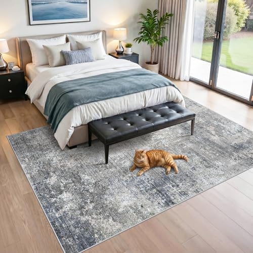 7x10 Rug for Living Room Washable – Non-Slip Soft Carpet for Bedroom Dining Room,Modern Neutral Abstract Low Pile Stain-Resistant Area Rug(Blue Grey,7x10)