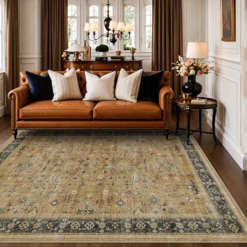 Hazo Haus Rustic Brown and Charcoal Olive Area Rug 5x7 for Living Room - Machine Washable Rugs for Dining Room, Kitchen Floor, Small Office, Low Pile Non-Slip Rubber Backing & Stain Resistant