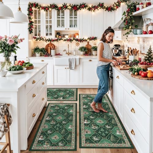 Christmas Decorations Kitchen Rugs Set of 3: Washable Non-Slip Kitchen Mat for Floor Snowman and Gnome Soft Vintage Farmhouse Runner Rug for Sink Floor Mats ＆Indoor, Hallway, Entryway, (Green)
